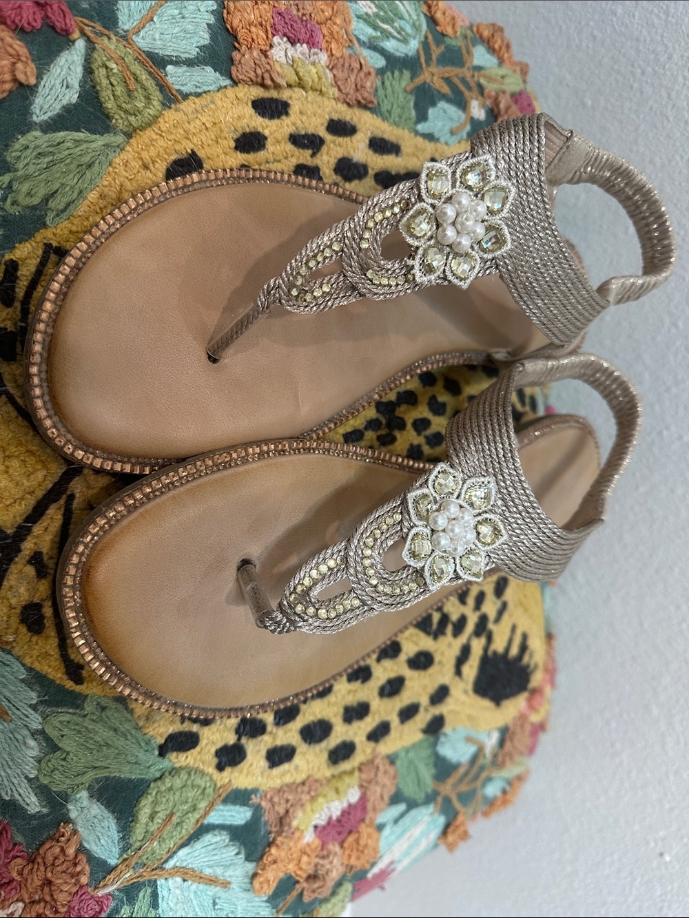 Beaded Gold Floral T-Strap Slingback Sandals